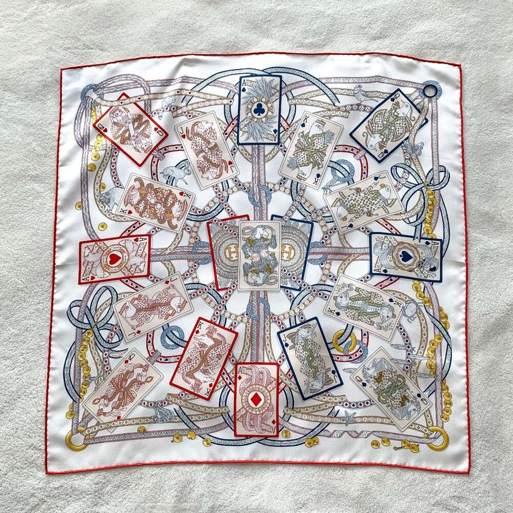 Hermès Dame De Coeur White Playing Card Print Silk Scarf 70x70cm, Like-New Condi